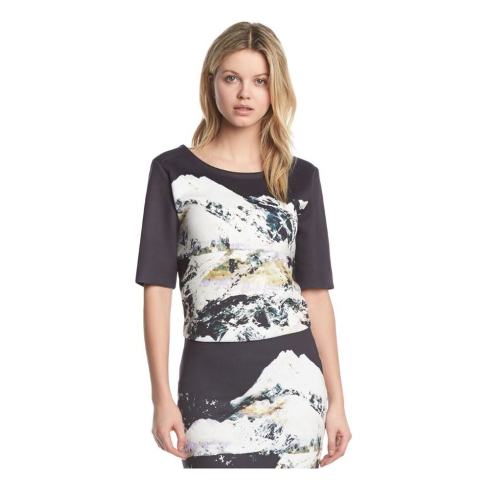KIIND OF Womens Black Printed 3/4 Sleeve Jewel Neck Top Size: XS
